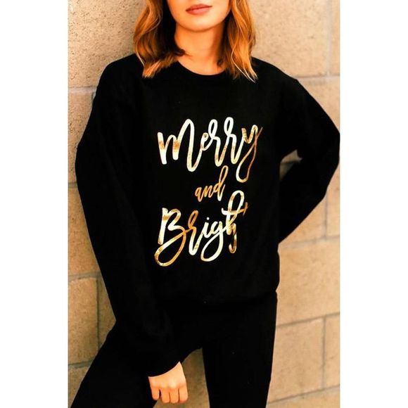 Azura Exchange  Black  Merry & Bright Letter Print Pullover Sweatshirt - Picture 1 of 10